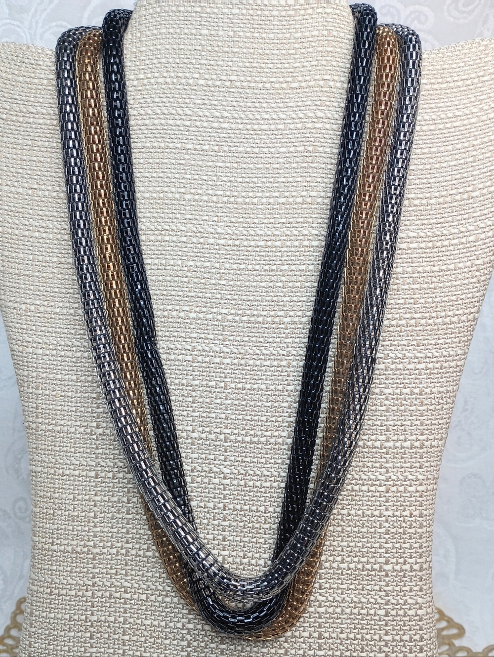 Multi-Strand Metallic Tone Women's Necklace - Black, Silver & Gold
